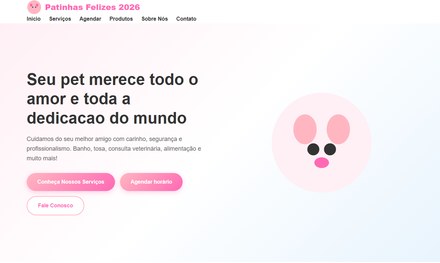 Página inicial do site Patinhas Felizes: petshop e banho e tosa, com agenda