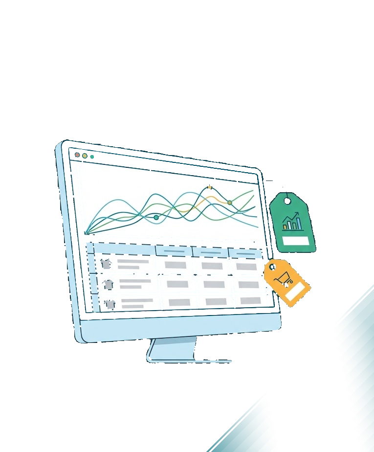 Painel com gráfico de variação de preço e tabela de produtos monitorados